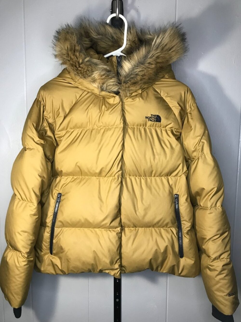 The North Face Gotham Bomber Jacket 550 Down Fill Women’s XL yellow Faux Fur